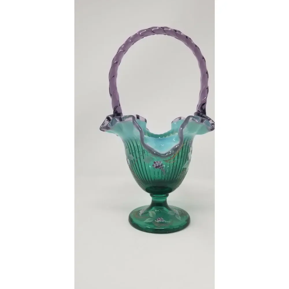 Fenton Glass New Century XXI Spruce Green Purple Dragonfly Basket Signed